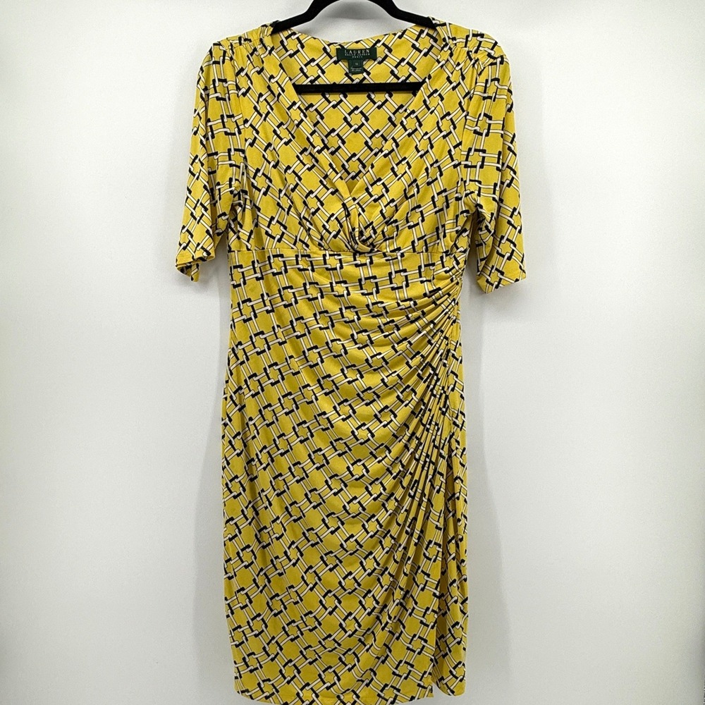 Lauren Ralph Lauren Jersey Wrap Dress Yellow Geometric Print‎ Midi Size 10